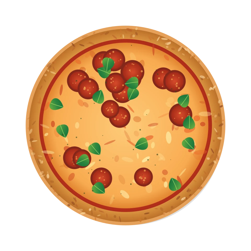 Illustration stylisée d'une pizza italienne garnie de basilic et de pepperoni